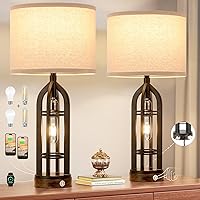Table Lamp for Living Room - Lamps Set of 2 with USB C+A & Outlet, 3-Way Dimmable Farmhouse Lamps for Night Stands, Rustic Bedside Lamp for End Tables, Industrial Nightstand Lamps for Bedroom