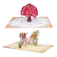 Paper Love Pop Up Cards 2 Pack - Includes 1 Heart Tree and 1 Spring Flower Bike, For All Occasions, Mother Day, Birthday, Just Because- Includes Envelope and Note Tag