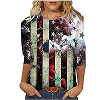 Womens USA Flag 4th July American Red White Blue Star Stripes 4 Day Tshirts Shirts 3/4 Sleeve Loose Independence Tees