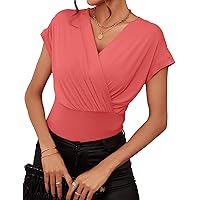 Women V Neck Fitted Ruched Top Cap Sleeve Wrap Shirt Dressy Casual Going Out Top 2024 Summer T Shirt