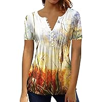 Tops for Women Floral Print Crewneck Casual Blouse Buttons Pleated Short Sleeve Loose Pullover Shirt 2024
