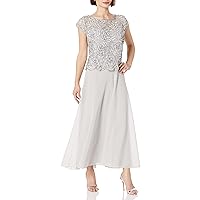 J Kara Women's Petite Cap Sleeve Embroidered Gown with Scallop Edging