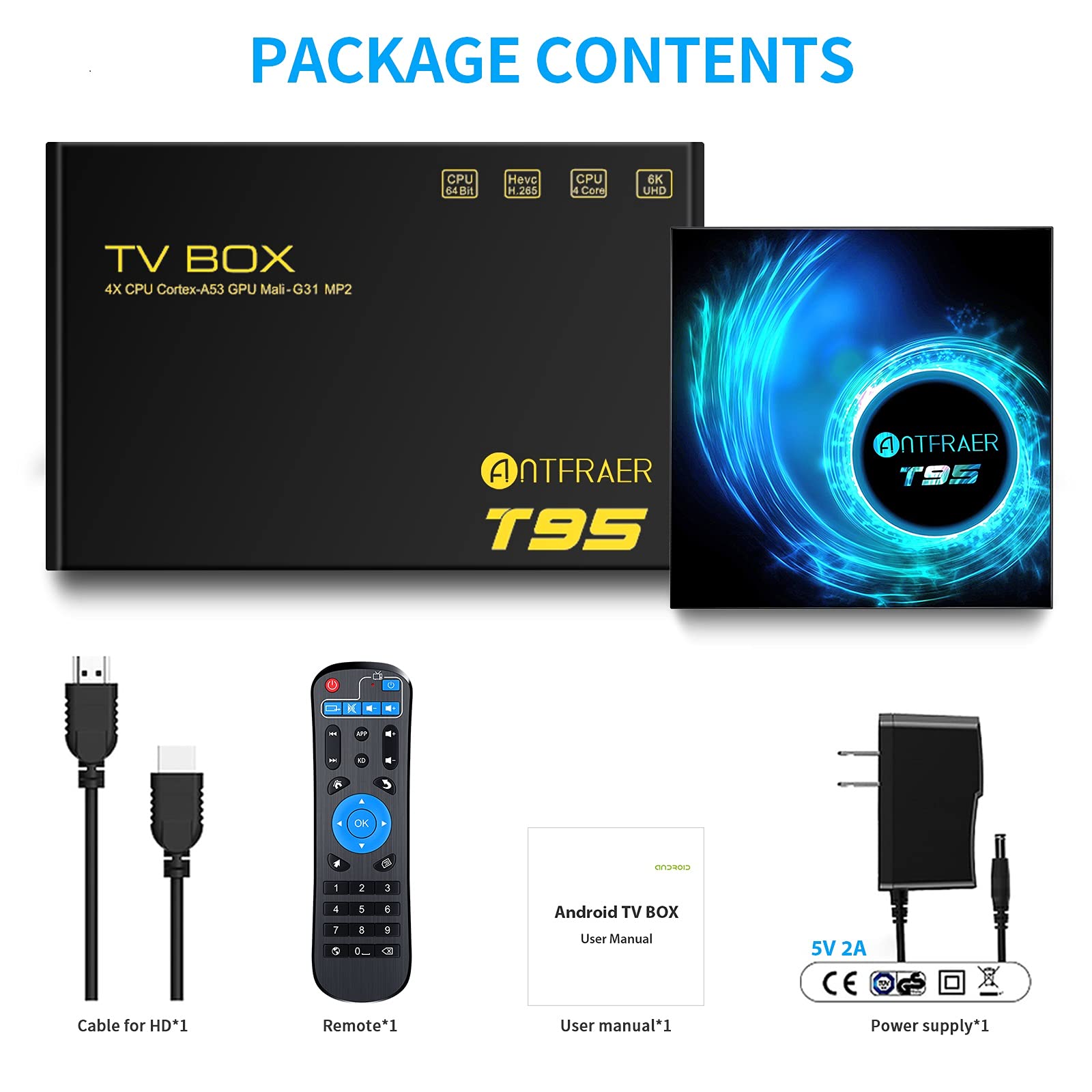 Android TV Box, Antfraer T95 Android TV Box 10.0 4GB RAM 32GB ROM Allwinner H616 Quad-core 64bit, TV Box Support 2.4G/5GHz Dual WiFi Bluetooth 6K/4K Ultra HD/ 3D/ H.265 Android Box