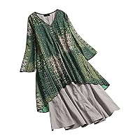 Maxi Dresses for Women Casual Floral Boho Linen Dress Vintage Long Sleeve V Neck Flowy Swing Dress Beach Plus Size