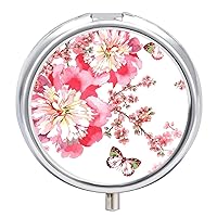 Pill Box Butterfly Blossom Peach Flowers Round Medicine Tablet Case Portable Pillbox Vitamin Container Organizer Pills Holder with 3 Compartments