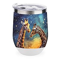 Lovely Couple Giraffe Dark Galaxy Sky Funny Wine Tumbler with Lid Double Wall Stainless Steel Insulated Mug 12 Oz