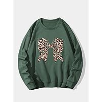 Sweatshirt for Women Leopard & Bow Print Thermal Lined Sweatshirt Sweatshirt for Women (Color : Dark Green, Size : Medium)