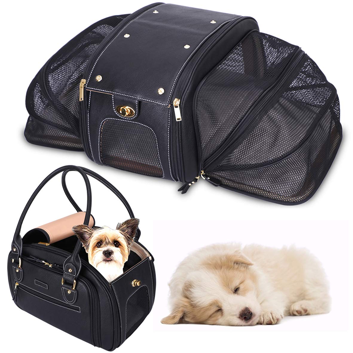PetsHome Dog Carrier, Pet Carrier, Cat Carrier, Expandable Foldable Airline Approved Leather Pet Travel Portable Bag Carrier for Cat and Small Dog ...