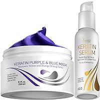 Vitamins Keratin Purple Blue Hair Mask and Hair Serum Kit - Conditioning Anti Brassiness Toner for Bleached Blonde Platinum Silver White Gray Dry Damaged Hair and Heat Protectant, Anti Frizz Gloss