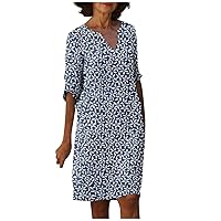 Summer Dresses for Women 2024,Cotton Linen Midi Dress V Neck 3/4 Sleeve Cover Up Beach Sundress Casual Plus Size Dresses