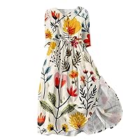 Women's Dresses 2024 Fashion Vintage Floral Print Lapel Button Three Quarter Sleeves Strappy Dress, S-3XL