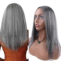 yangsi Yaki Straight Wigs For Black Women Yaki Wigs Medium Part with Silky Light 14inch Synthtic Yaki Afro Kinky Straight Wigs For Daily Party (Grey)