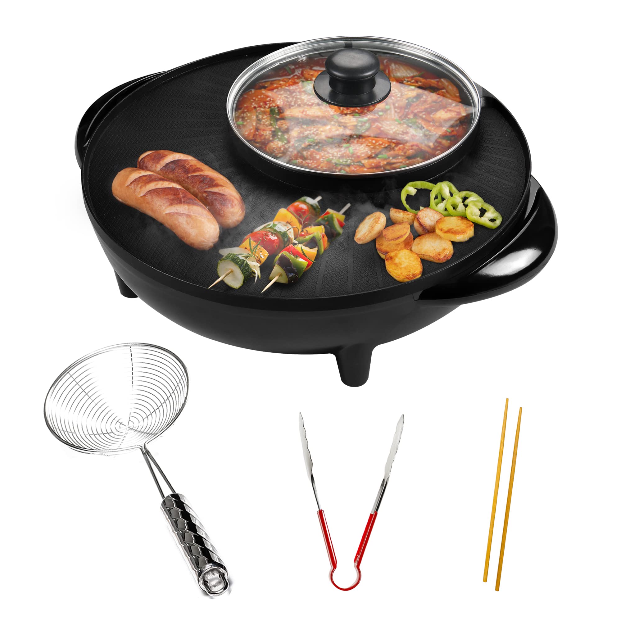 OVENTE Electric Hot Pot and Smokeless Grill, 1200W with Temperature Control Perfect Multi-Cooker for Korean BBQ, Shabu Shabu and Soup, Portable with Free Strainer, Chopsticks and Tong, Black GH10133B