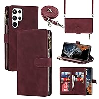 Cavor for Samsung Galaxy S22 Ultra Crossbody Wallet Case with Card Slots,Premium PU Leather Magnetic Closure Zipper Pocket Case Kickstand Feature TPU Shockproof Flip Cover,Wine Red