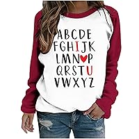 Women Valentines Day Shirts Funny Letter Print Plus Size T-Shirt Casual Loose Raglan Long Sleeve Crewneck Blouses