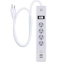 GE 4-Outlet Surge Protector, 2 USB Ports, 3 Ft Power Cord, 450 Joules, Twist to Lock Safety Covers, Automatic Shutdown Technology, Circuit Breaker, Warranty, UL Listed, White, 14090