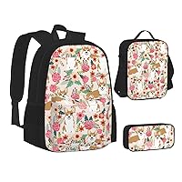 MQGMZ Corgi Floral Flowers Spring Garden Print Backpack 3 Pcs Set Travel Hiking Lightweight Water Laptop Pencil Case Insulated Lunch Bag