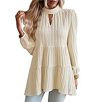 Wellwits Women's Full Pleated Keyhole Long Sleeves Loose Tiered Swing Blouse