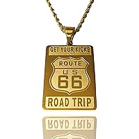 U.S 66 High Way Road Tin Interstate Sign Hip Hop Pendant Necklace Men's Women 14k Gold Finish Musical Note Pendant Stainless Steel Real 3 mm Rope Chain Necklace, Men's Jewelry, Route US 66 Road Trip Pendant, Rope Necklace