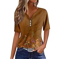 Womens Summer Tops,Short Sleeve Tops for Women Sexy V-Neck Button Boho Tops for Women Going Out Tops for Women