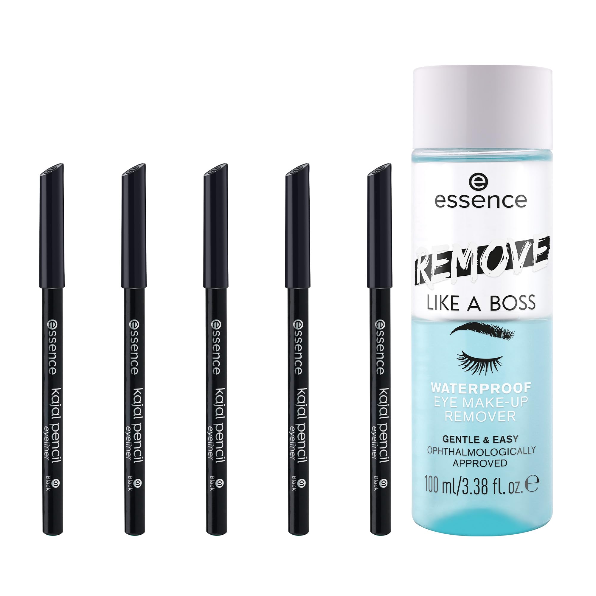 essence Black Kajal Eyeliner Pencil 5-Pack & Remove Like a Boss Waterproof Eye Makeup Remover Bundle | Vegan & Cruelty Free