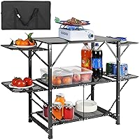 VEVOR Camping Kitchen Table, Aluminum Folding Portable Outdoor Cook Station with 4 Iron Side, 2 Shelves & Carrying Bag, Quick Installation for Picnic BBQ Beach Traveling
