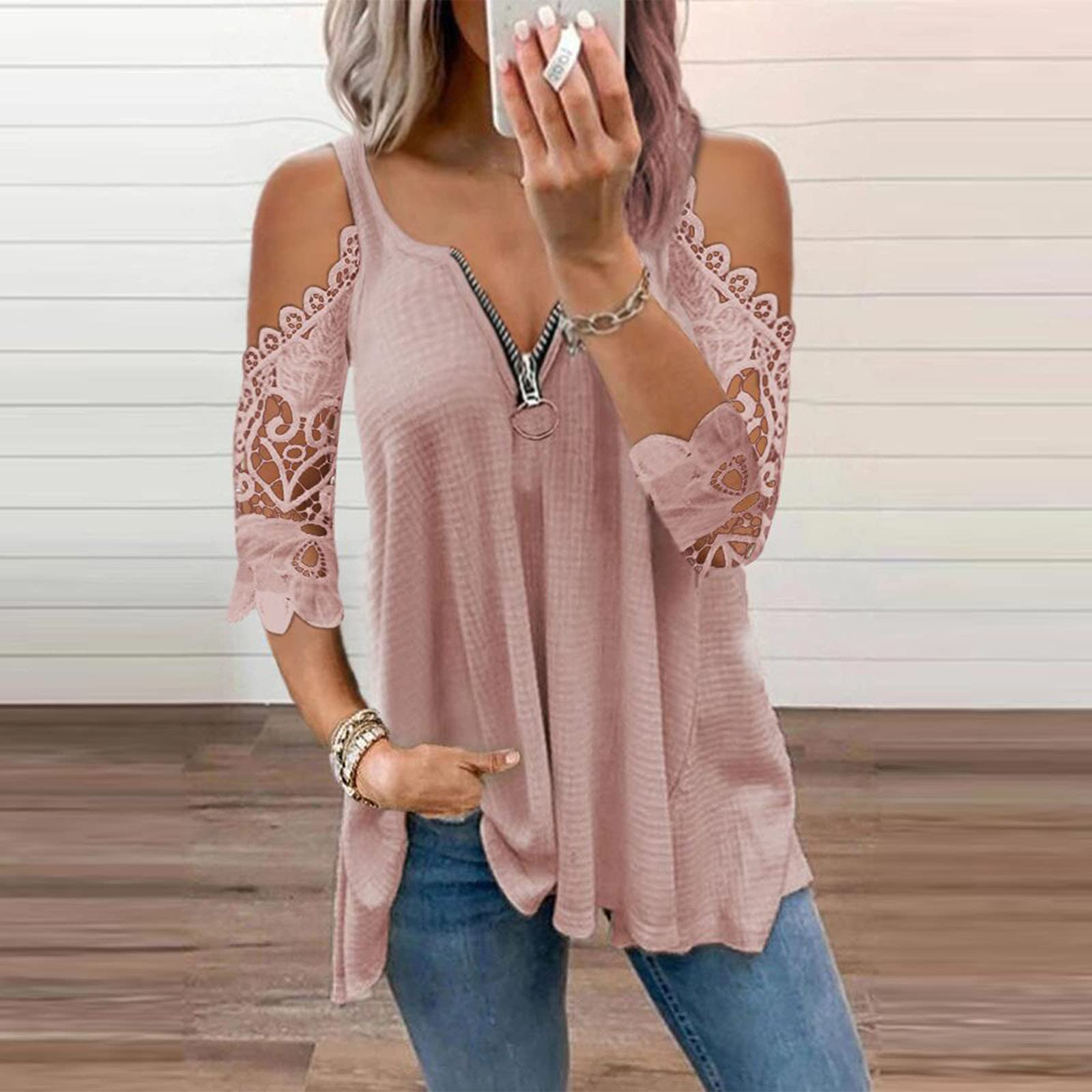 AMhomely Women Casual Lace Half SleeveＶ-Neck Zipper Hollow Out T-Shirt Blouse Tops Sale Clearance UK Size