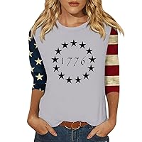 4th of July Shirt Women 3/4 Sleeve Blouses Independence Day Print Graphic T-Shirt Ladies Casual Plus Size Basic Tops Pullover