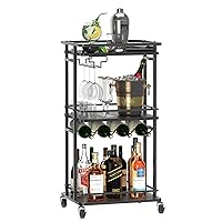 3 Tier Bar Cart for Home, Rolling Mini Liquor Bar Cabinet with Wine Rack and Glass Holder, Home Bar Serving Cart on Wheels for Dinner Party Wine Alcohol Drink, Bar Stand for Living Room Kitchen