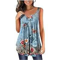 Womens Summer Tops 2023 Floral Marble Print Tanks Camisole Sleeveless Button Pleated Shirt Vest Clothes Blouse