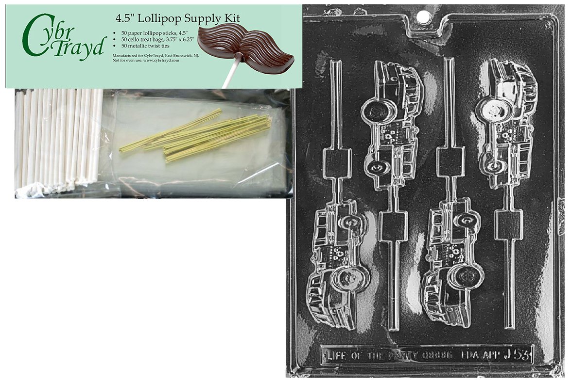 Cybrtrayd Fire Truck Lolly Chocolate Candy Mold with Lollipop Supply Kit, Includes 50 4.5-Inch Lollipop Sticks, 50 Cello Bags and 50 Metallic Twist Ties
