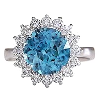 5.72 Carat Natural Blue Zircon and Diamond (F-G Color, VS1-VS2 Clarity) 14K White Gold Engagement Ring for Women Exclusively Handcrafted in USA