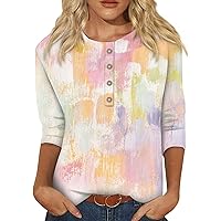 Womens 3/4 Sleeve Summer Tops Button Down Blouses Dressy Casual Printed Floral Graphic Tees Cooling Fitted T Shirts