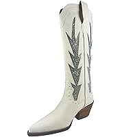 ARIDER GIRL Kokie Women's Knee High Rhinestone Embroidered Leather Stacked Heel Snip Pointed Toe Western Cow Suede Boots, Suede White Silver, 8 UK