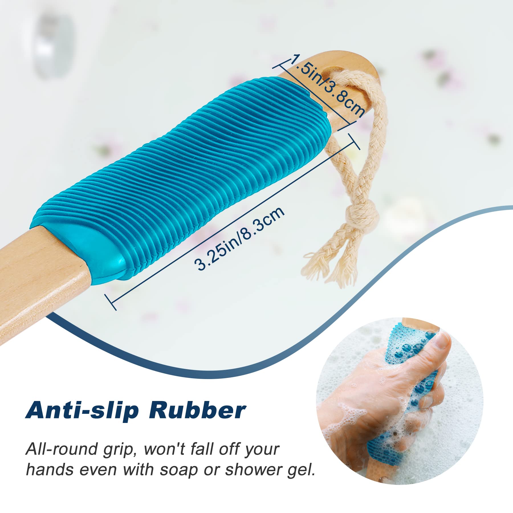 KIPRITII Ergonomically Back Scrubber for Shower - Double-Sided Back Brush Long Handle for Shower, Wet & Dry Brush for Cellulite and Lymphatic (Blue)
