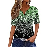 Shirts for Women Button V Neck Geometry Printed Fashion Henley Tops Glittering Short Sleeve Summer Blouse