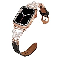 Luxury Leather Band Compatible with Apple Watch Women 38mm 40mm 41mm Series 8 SE 7 6 5 4 3 2 1, Classic Slim Leather Strap with Metal Buckle for iWatch(38, Black/Rose Gold)
