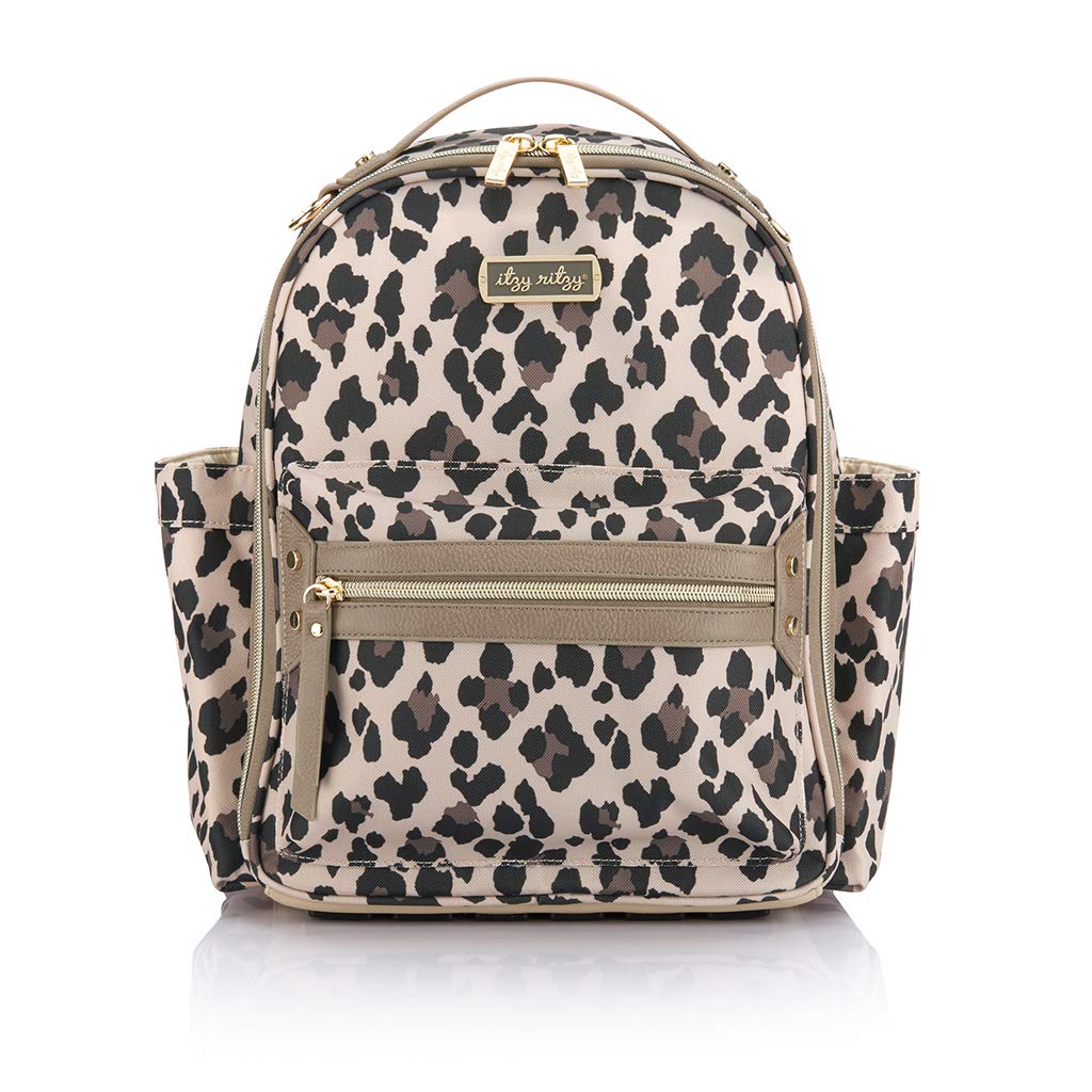 Itzy Ritzy Chic Mini Diaper Bag Backpack Made of Printed Polyester with Vegan Leather Changing Pad, 8 Total Pockets (4 Internal + 4 External), Handle & Rubber Feet, Leopard