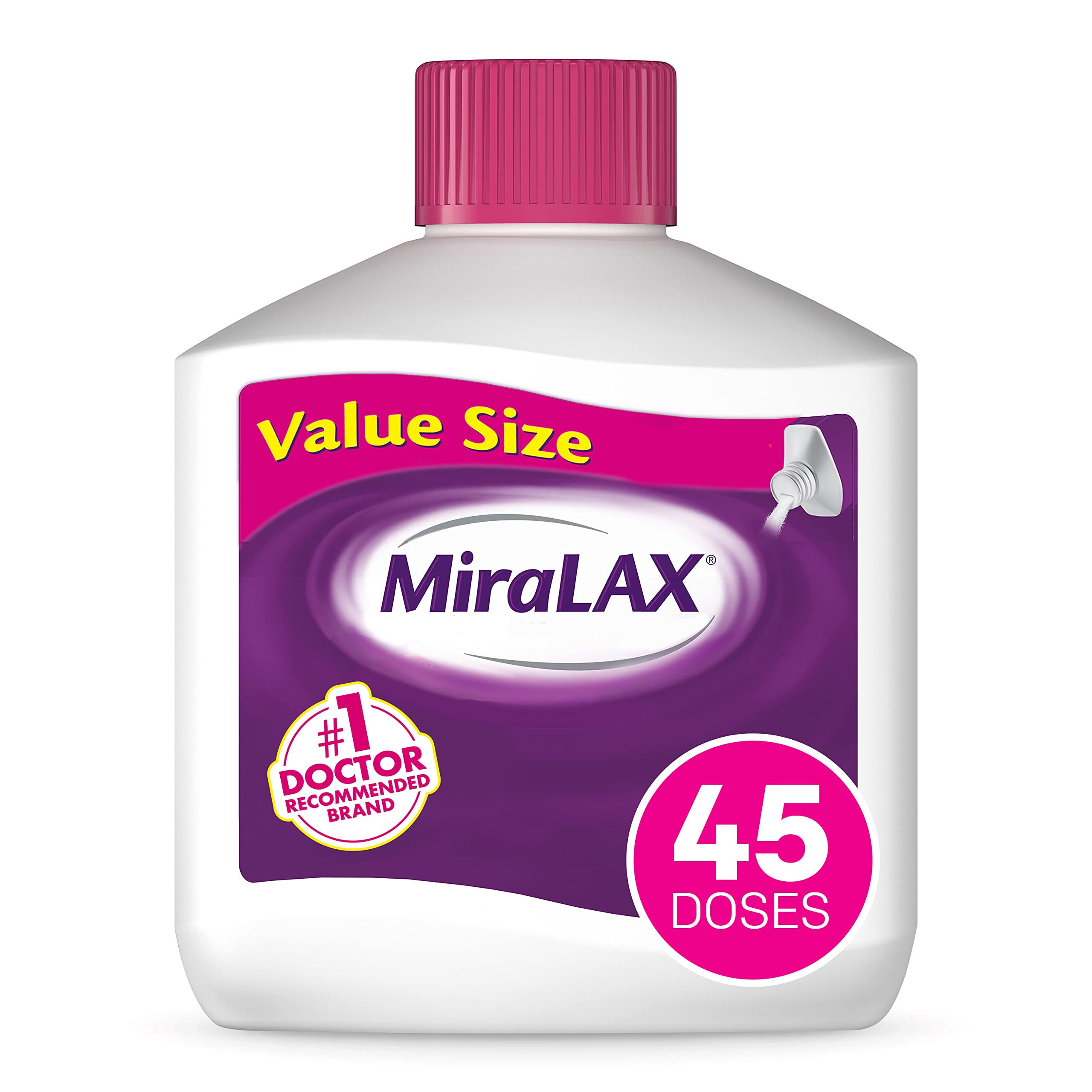MiraLAX Gentle Constipation Relief Laxative Powder, Stool Softener with PEG 3350, Works Naturally with Water in Your Body, No Harsh Side Effects, Osmotic Laxative, #1 Physician Recommended, 45 Dose