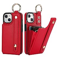 Folosu for iPhone 13/14 Wallet Case with Card Holder, Hand Wrist Strap Loop Holder Kickstand, RFID Blocking Finger Grip Ring PU Leather Double Buttons Shockproof Cover 6.1 Inch Red