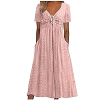 Ruched Drawstring V Neck A-Line Dress Women Hollow Eyelet Short Sleeve Shirt Dress Summer Casual Midi Beach Dresses