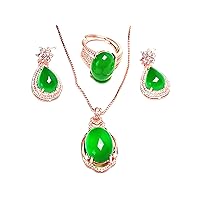 yigedan 14K Gold Oval Green Jade Necklace Earrings Ring Jewellery Set, Gold, Jade
