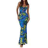 Women Spaghetti Strap Floral Bodycon Maxi Dress Summer Tie Dye Cutout Backless Cocktail Party Going Out Dress