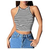 MakeMeChic Women's Striped Sleeveless Halter Crop Top Crew Neck Knitted Camisole Tops