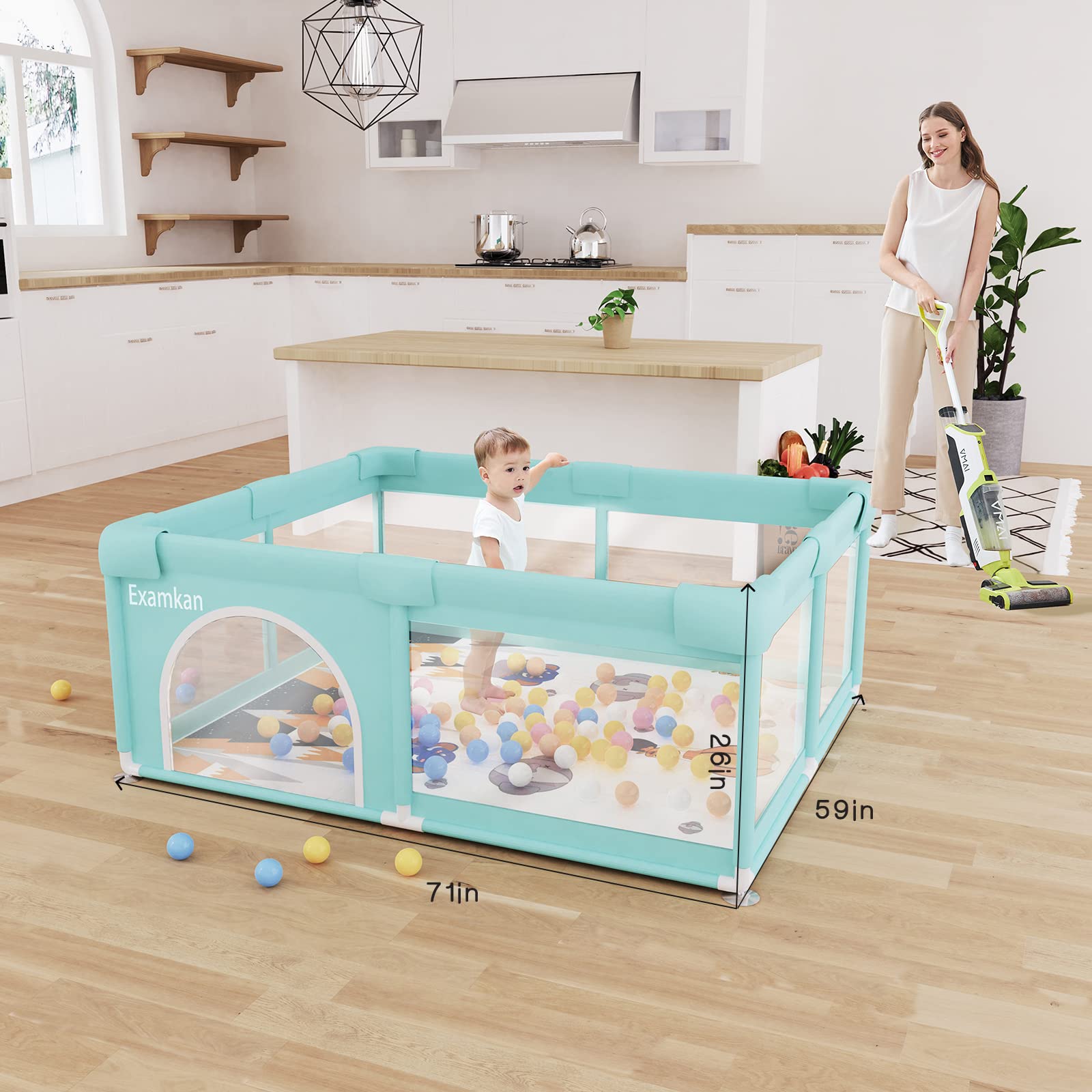 Playpen with Mat，Examkan 59X 71inch and Play Yard for Baby, Extra Large Baby Playpen with Mat,Children's Activity Center with Non-Slip Suction Cups and Zippered Doors