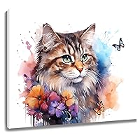 EOBTAIN Cute Cat Wall Art for Living Room Watercolor Funny Animal and Colorful Floral with Butterfly Framed Wall Art Country Rustic Painting Picture Artwork Bathroom Decor 20x16 Inches