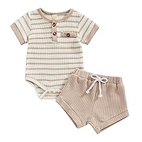 Kuriozud Newborn Baby Boy Summer Clothes Button Short Sleeve Romper Bodysuit Shorts Set Toddler Soft Waffle Outfit