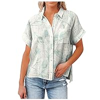 Women's Fashion Cotton Linen T Shirts,Womens Feather Printed Tops Casual Short Sleeve Summer Tees Button Down Shirts
