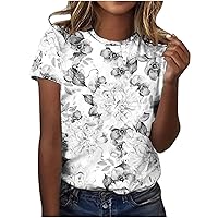 Womens Cute Tops, Women's Fashion Casual Short Sleeve T Shirts Flower Print Graphic Tees Round Neck Pullover Top Blouse