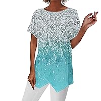 Women's Fashion 2023 Summer Geometric Print Loose Short Sleeve Irregular Hem T-Shirt Tops